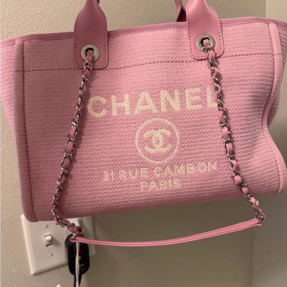 CHANEL Handbags - CHANEL Light Pink Canvas Logo Tote with Chain-Strap